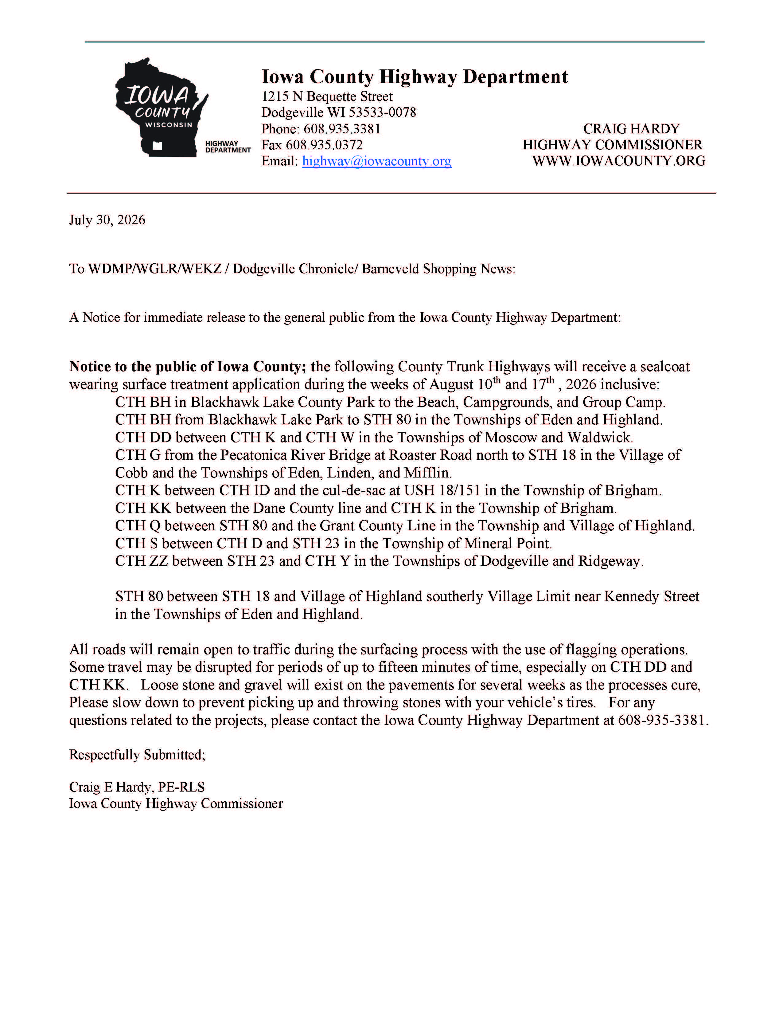 Public Notice from Iowa County Highway Department